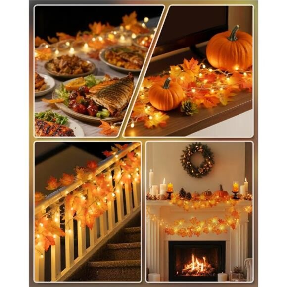 Fall Decor 3-Pack Fall Leaf Garland with Lights, Total 24.6ft 60 LED - Picture 4 of 8